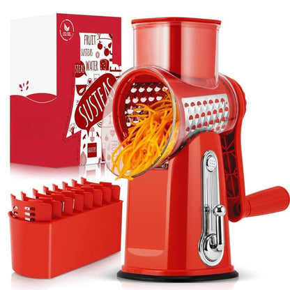 SUSTEAS Handheld Rotary Cheese Grater, equipped with 5 carefully designed blades and a strong suction cup base.