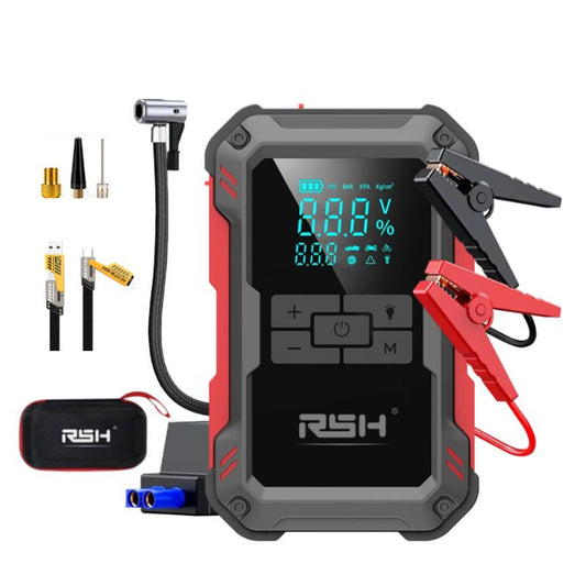 15000mAh Ultra-Safe Jump Starter – Starts all 12V battery vehicles. Includes jumper cables, air hose, storage bag, and 4-in-1 charging cable