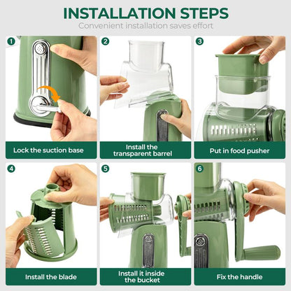 SUSTEAS Handheld Rotary Cheese Grater, equipped with 5 carefully designed blades and a strong suction cup base.