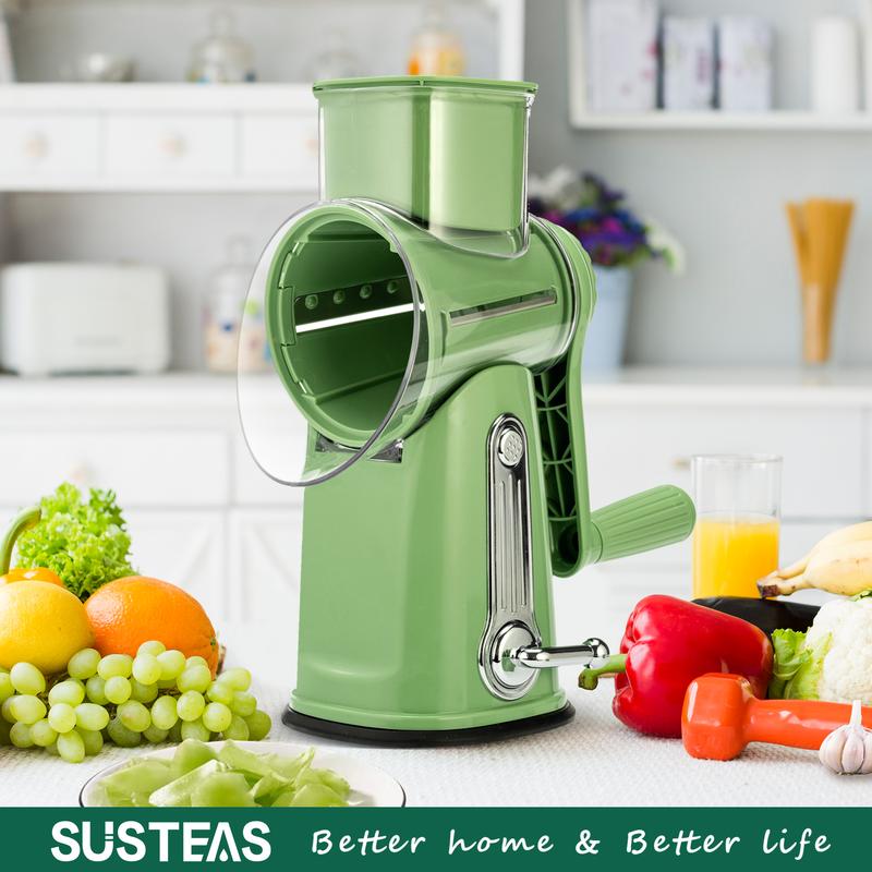SUSTEAS Handheld Rotary Cheese Grater, equipped with 5 carefully designed blades and a strong suction cup base.