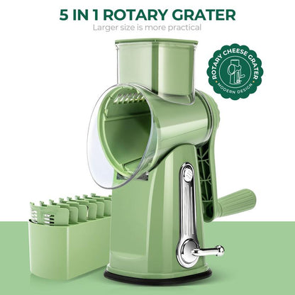 SUSTEAS Handheld Rotary Cheese Grater, equipped with 5 carefully designed blades and a strong suction cup base.